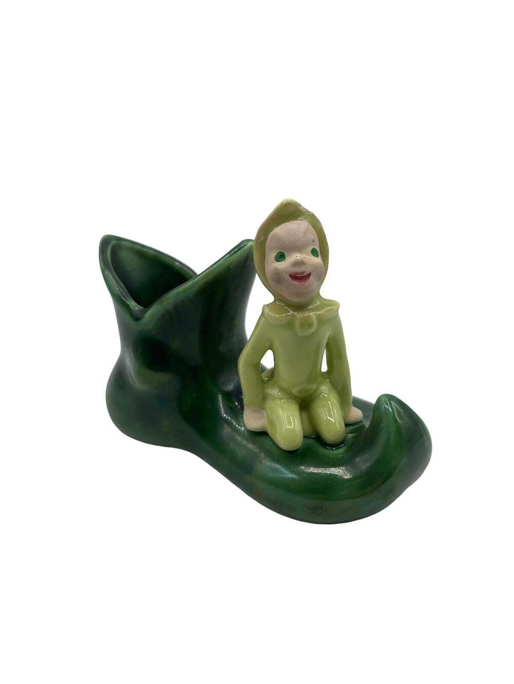 Vintage Pixie Potters Elf Figurine: Green Boot Planter, 1940s Collectible
